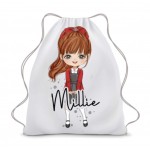 School Girl Character Linen Drawstring Bag - (Colour Options)