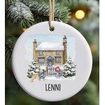 Personalised Snowy Cottage & Bear Bauble